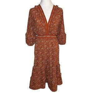 Floral Midi Dress‎ Orange XS Tiered Ruffle Peasant Cottage Boho Cowgirl Prairie